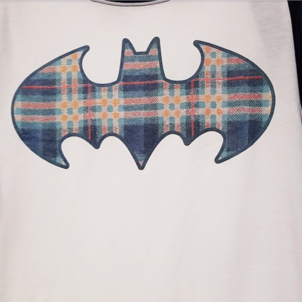Batman Navy White Plaid Logo Raglan Baseball Shirt - Picture 4 of 4